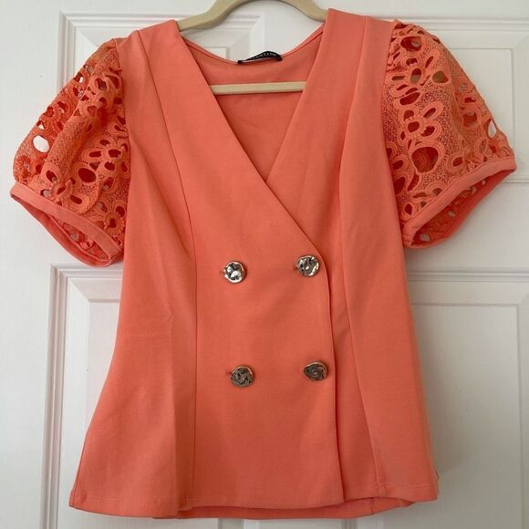 Coral knit sleeves top Shirt Blouse - Picture 5 of 13
